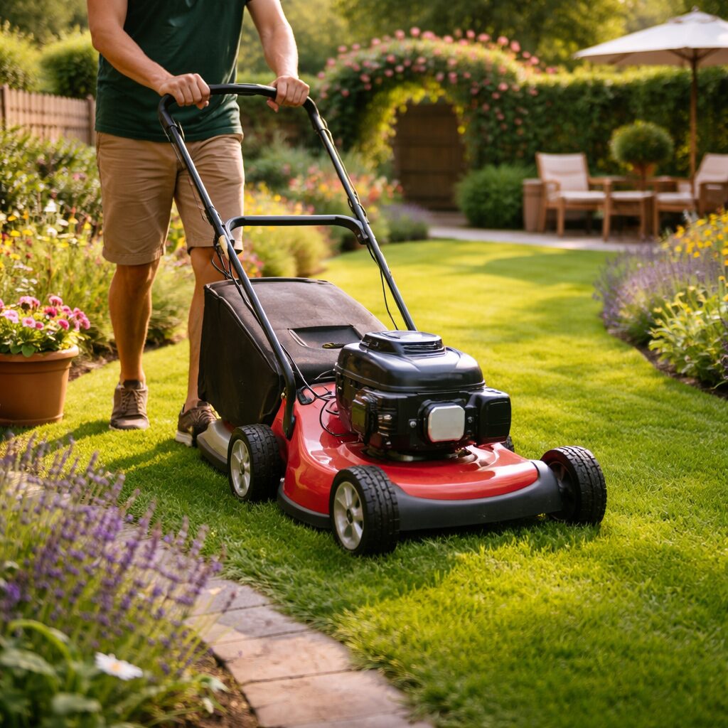 A person mowing a green lawn with a red lawnmower in a well-maintained garden, surrounded by blooming flowers and garden furniture in the background on a sunny day.