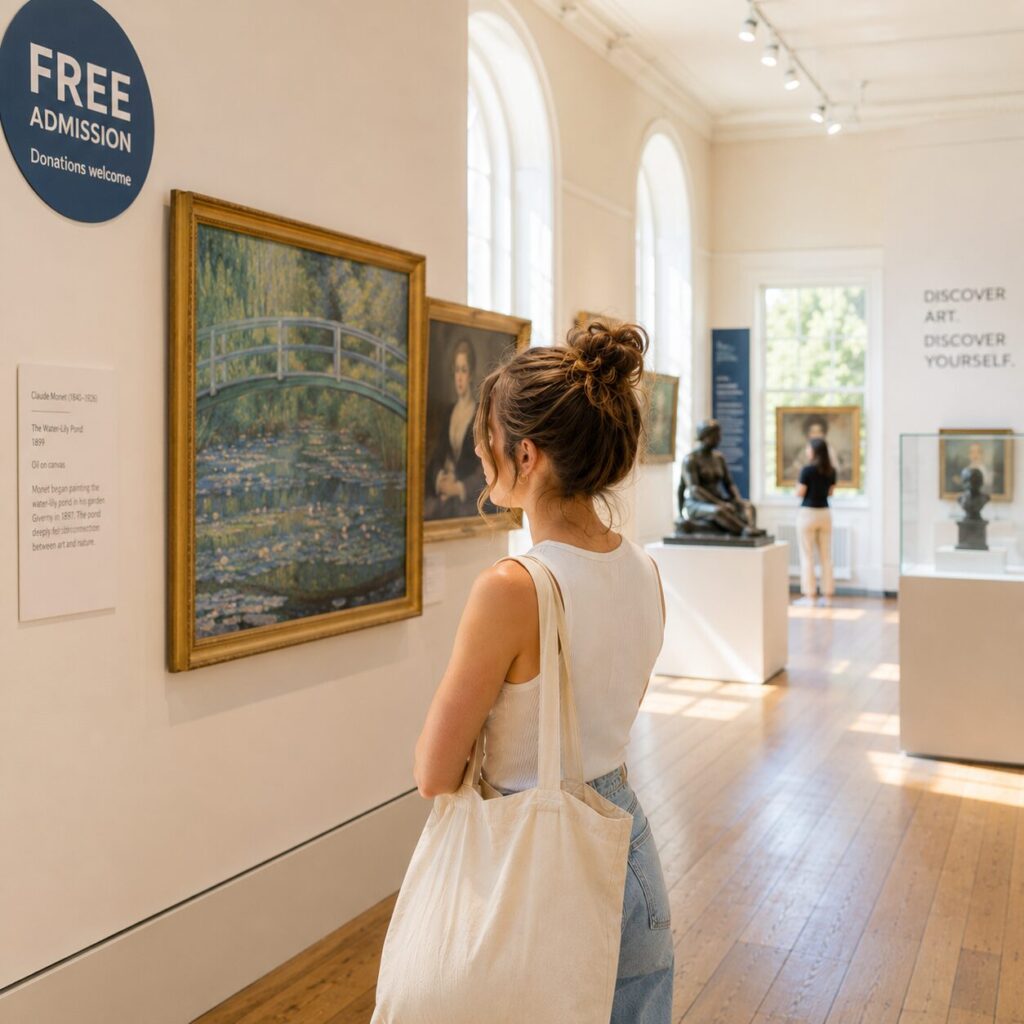A woman with a tote bag observes an impressionist painting in a bright, spacious art gallery offering free entry. Other people are also viewing art and sculptures displayed throughout the room.