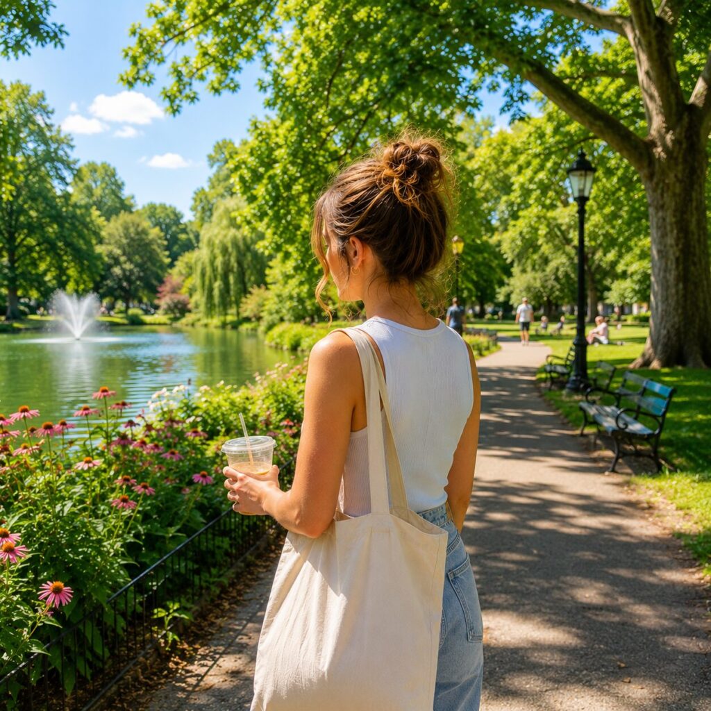 A woman with a tote bag and drink walks along a sunny park path beside a pond with blooming flowers, trees, and a fountain. Benches and other people are visible in the background.