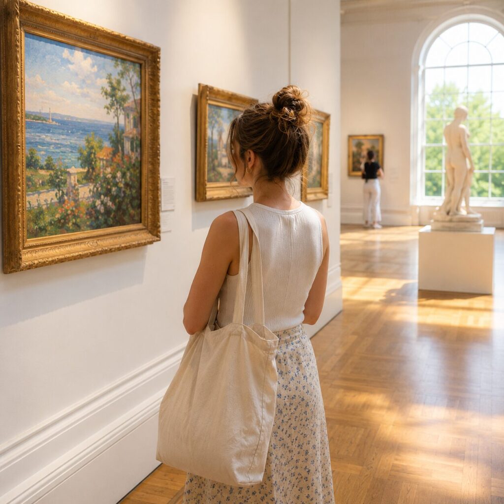 A woman with a tote bag and floral skirt stands in an art gallery, looking at a framed painting of a coastal scene. Sunlight streams through a large window, illuminating the wooden floor and a nearby marble statue.