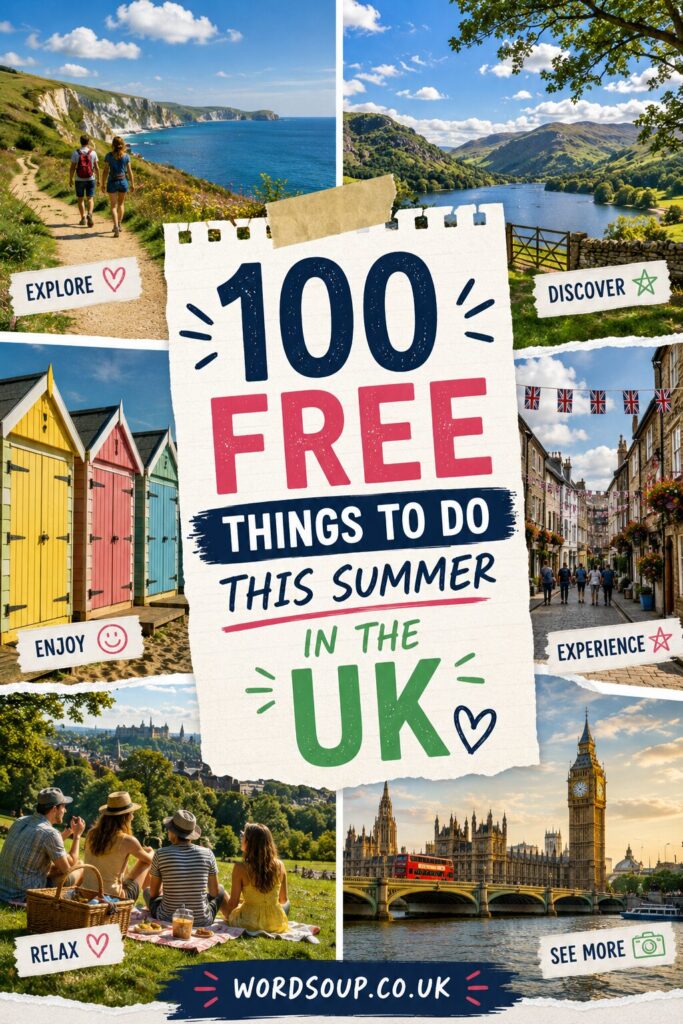 A colourful collage promoting 100 free things to do this summer in the UK, featuring photos of beaches, scenic walks, iconic landmarks, colourful beach huts, picnics, and vibrant city streets.