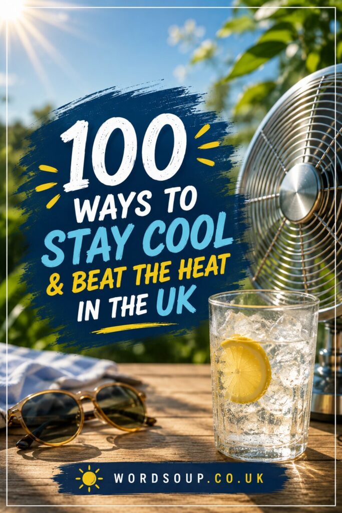 A glass of iced water with a slice of lemon sits on a sunny outdoor table next to sunglasses and a fan. Text reads: 100 ways to stay cool & beat the heat in the UK. wordsoup.co.uk.