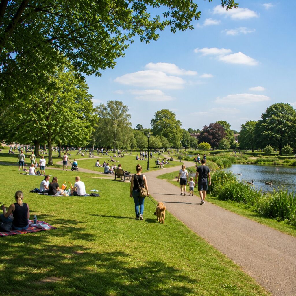 People are relaxing and walking in a sunny park with green grass, trees, a pond, and a clear blue sky. Some sit on blankets, others stroll on paths, and a person walks a dog near the water.