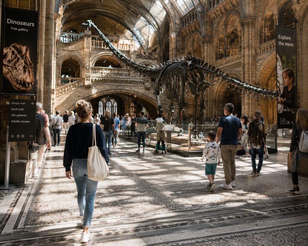 Visitors walk through a grand hall with a large dinosaur skeleton on display in the centre. Sunlight streams through arched windows. Banners read Dinosaurs and Explore the more. People of all ages observe the exhibit.