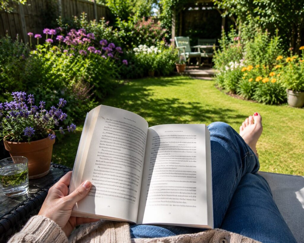 A person sits on a lounger in a sunny garden, holding an open book in their lap. Colourful flowers and plants surround the lawn. A glass of water is on a small table nearby. One foot is visible, relaxed.
