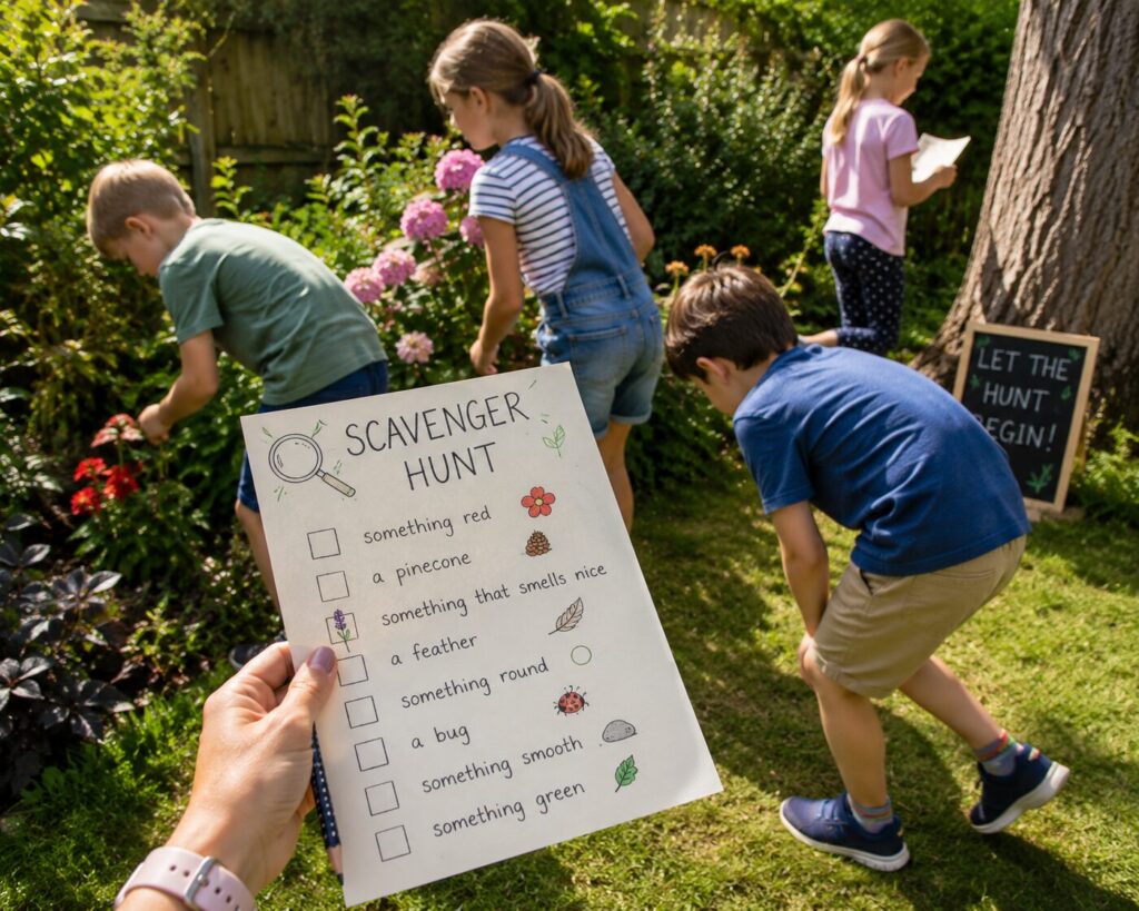 A person holds a scavenger hunt checklist, while four children search a sunny garden for items like a pine cone and something red. A chalkboard sign in the background reads, Let the hunt begin!.