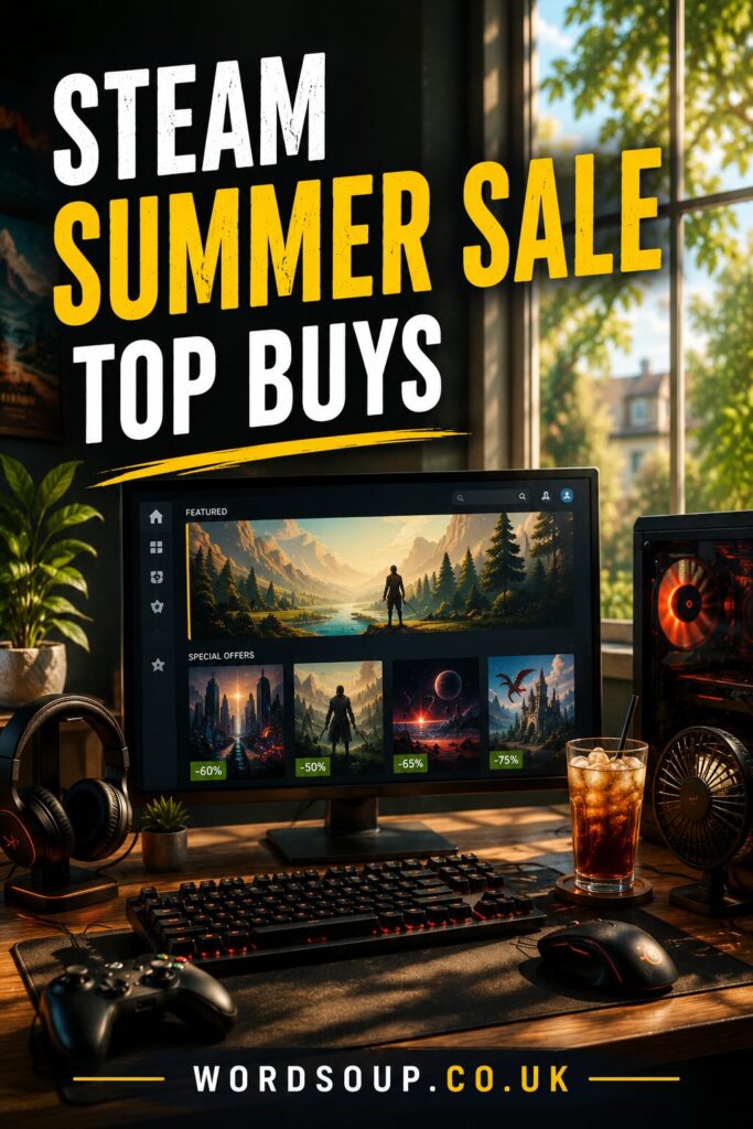 A gaming setup with a monitor showing the Steam Summer Sale, a keyboard, headphones, controller, and a drink on the desk. Bright sunlight shines through a window with green trees outside. Text: Steam Summer Sale Top Buys.
