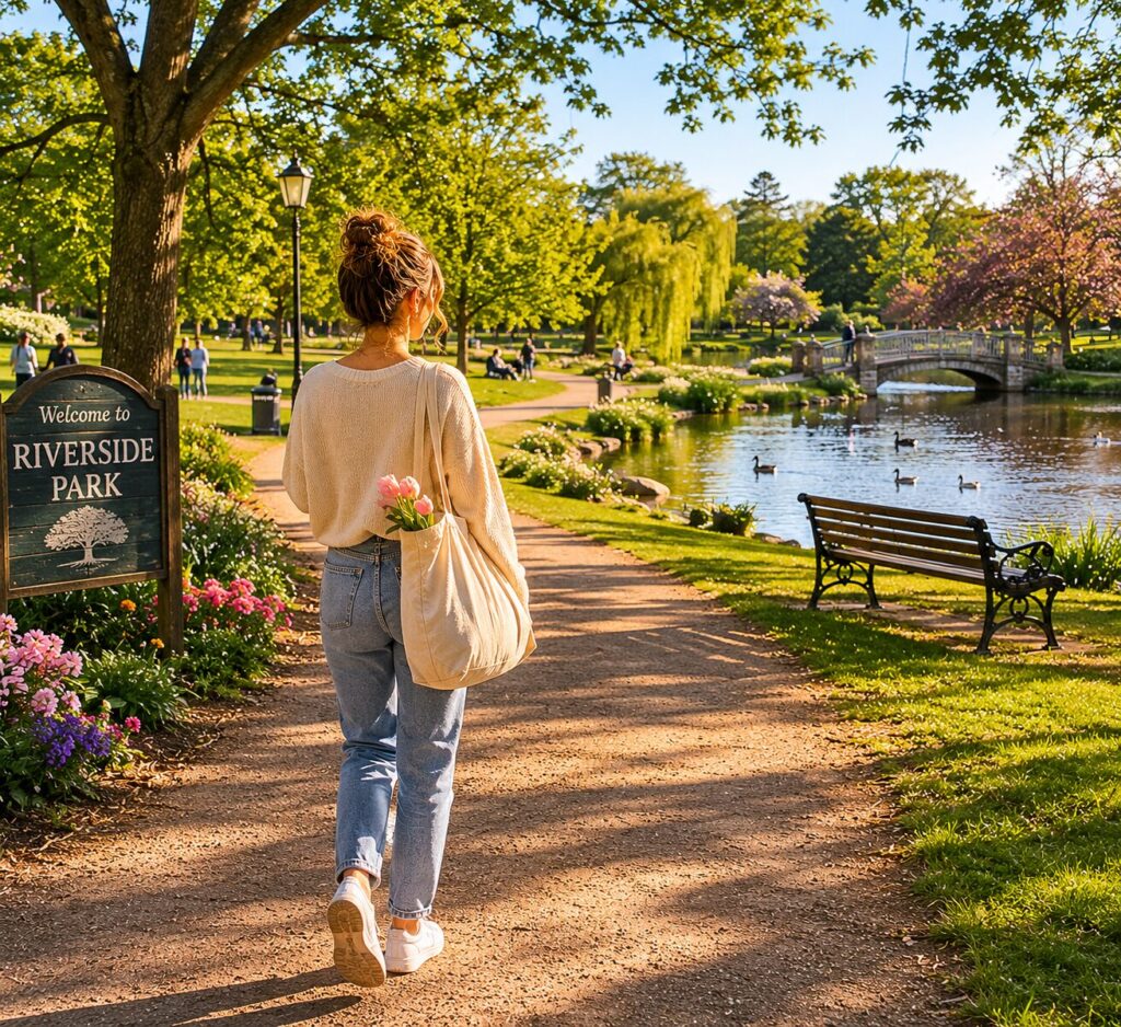 A woman with a tote bag walks along a sunlit path in Riverside Park surrounded by green trees, flowers, and a pond with ducks and a small bridge in the background. Other people enjoy the park.