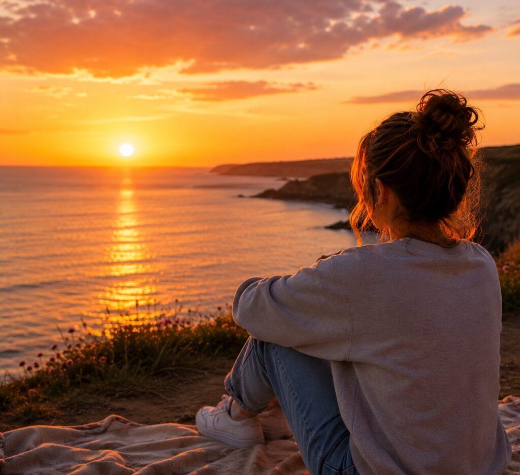 A person with their hair in a bun sits on a blanket atop a coastal cliff, gazing at a vibrant sunset over the sea, with golden sunlight reflecting on the water and clouds scattered across the sky.