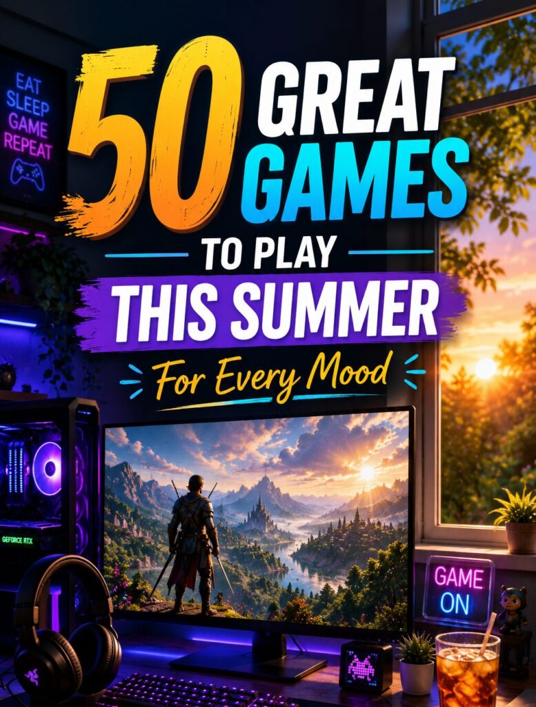 A vibrant gaming setup by a window with summer sunlight. Text reads, 50 Great Games to Play This Summer For Every Mood. A monitor displays a fantasy game; nearby are headphones, a drink, and a GAME ON sign.
