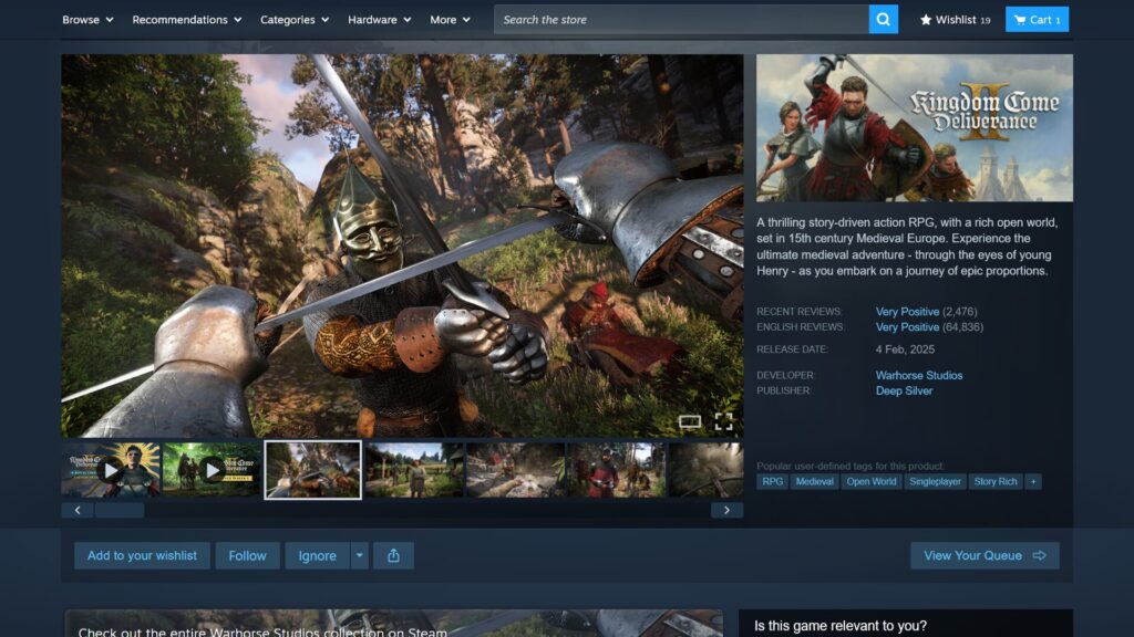 A video game shop page for Kingdom Come: Deliverance shows a first-person sword fight scene, game details, rating, trailer, and screenshots, with options to add the game to a wishlist or basket.