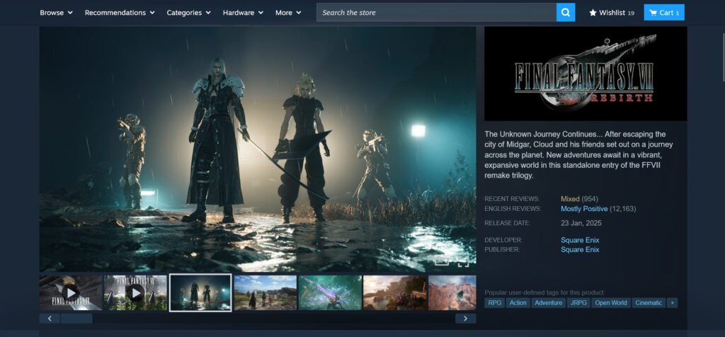A Steam game page for “Final Fantasy VII Rebirth” shows three characters in armour with weapons, standing in a misty, glowing landscape. Game info and user reviews appear on the right, and thumbnails of other images are below.