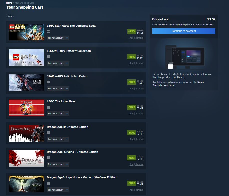 A screenshot of a Steam shopping basket with seven video games, all heavily discounted. The subtotal is £24.57. A blue “Continue to payment” button is on the right, along with a note about digital product purchases.