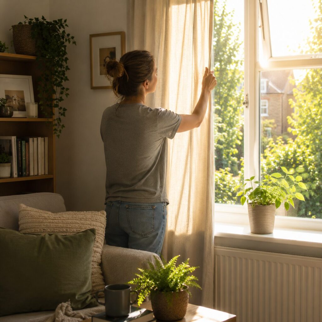 A person stands in a cosy living room, opening beige curtains to let sunlight in through a large window. There are green plants on the windowsill and nearby shelves, with soft furnishings on the sofa.