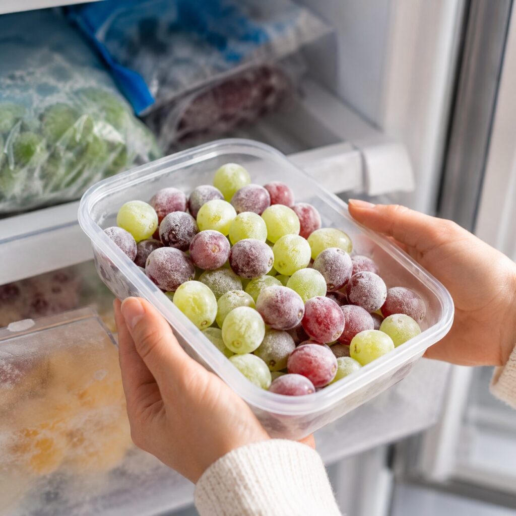 A person holds a plastic container filled with frozen red and green grapes in front of an open freezer, with other frozen items visible in the background.