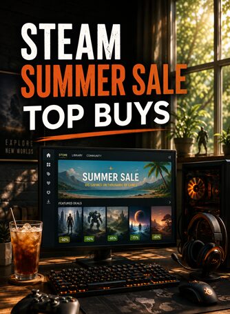 A desktop gaming setup next to a window shows a monitor displaying the Steam Summer Sale with discounted games. Text above reads “Steam Summer Sale Top Buys.” A glass of iced drink sits on the desk.