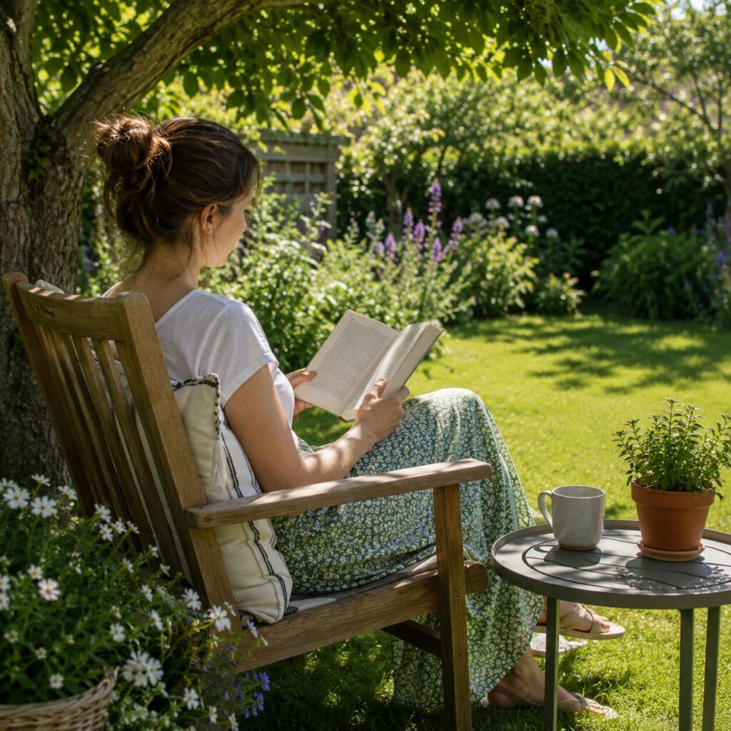 A woman sits on a wooden chair in a sunny garden, reading a book. She is surrounded by green plants and flowers, with a small table holding a mug and a potted plant beside her.