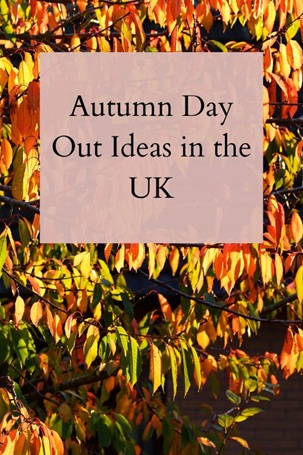 Text overlay on autumn leaves reads: Autumn Day Out Ideas in the UK. The leaves are orange, yellow, and green, suggesting an autumn setting.