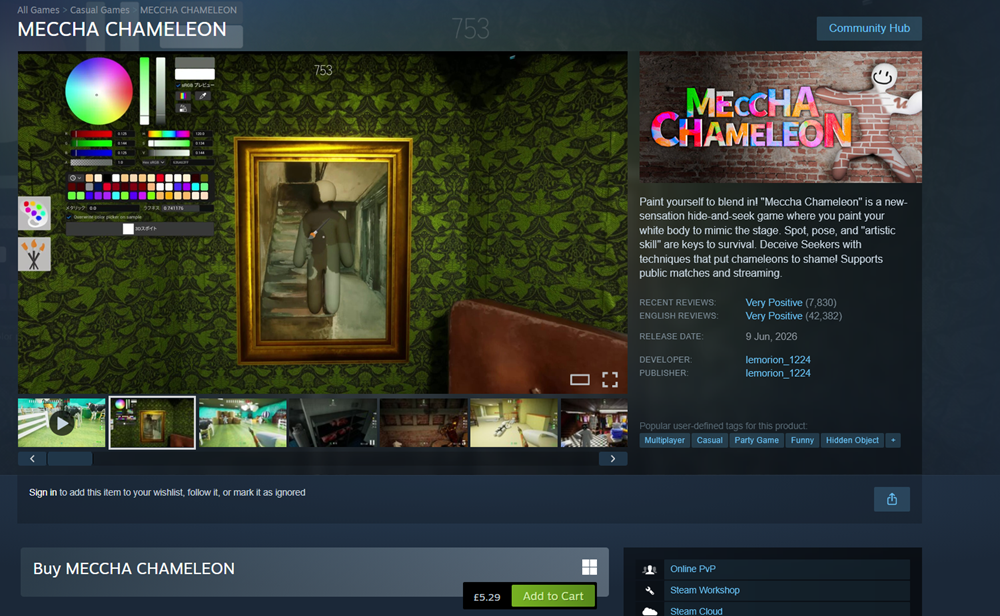 Steam store page for the game Meccha Chameleon, showing a room with green wallpaper, a painting of a chameleon, colour selection tools, and purchase options at the bottom.