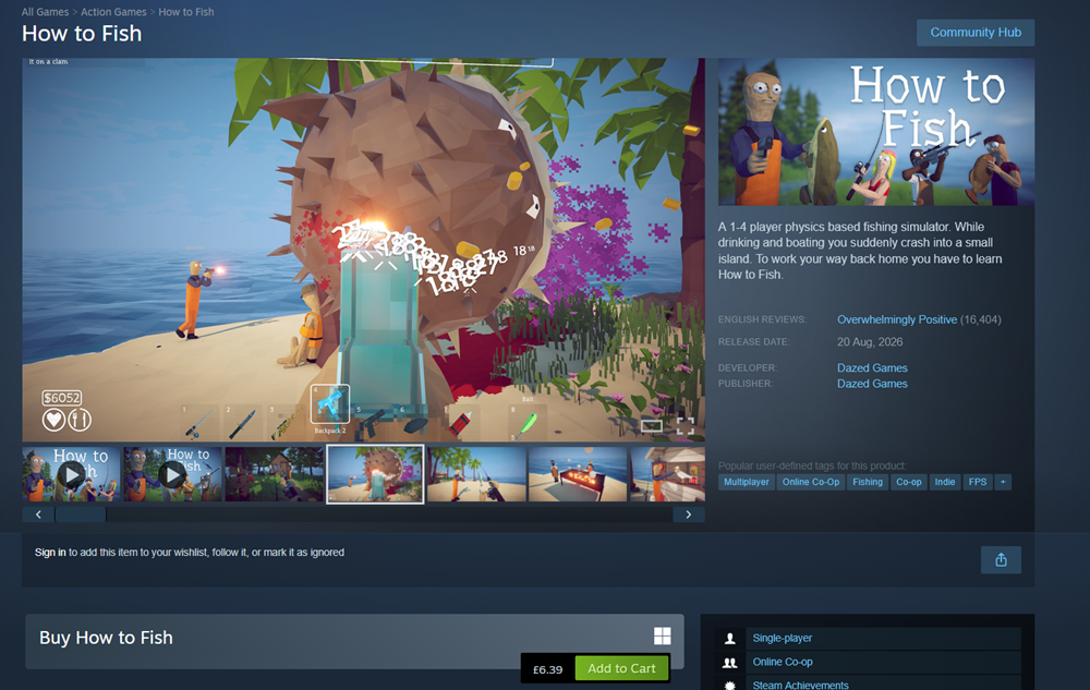 Steam game page for How to Fish showing a colourful, cartoon-like fishing scene with a large pufferfish, character, and game details such as reviews, release date, and images of gameplay at the bottom.