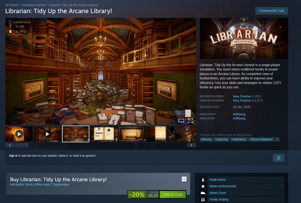 Screenshot of a Steam store page for the game Librarian: Tidy Up the Arcane Library! showing the game's trailer, description, reviews, price, and various tags on the right.