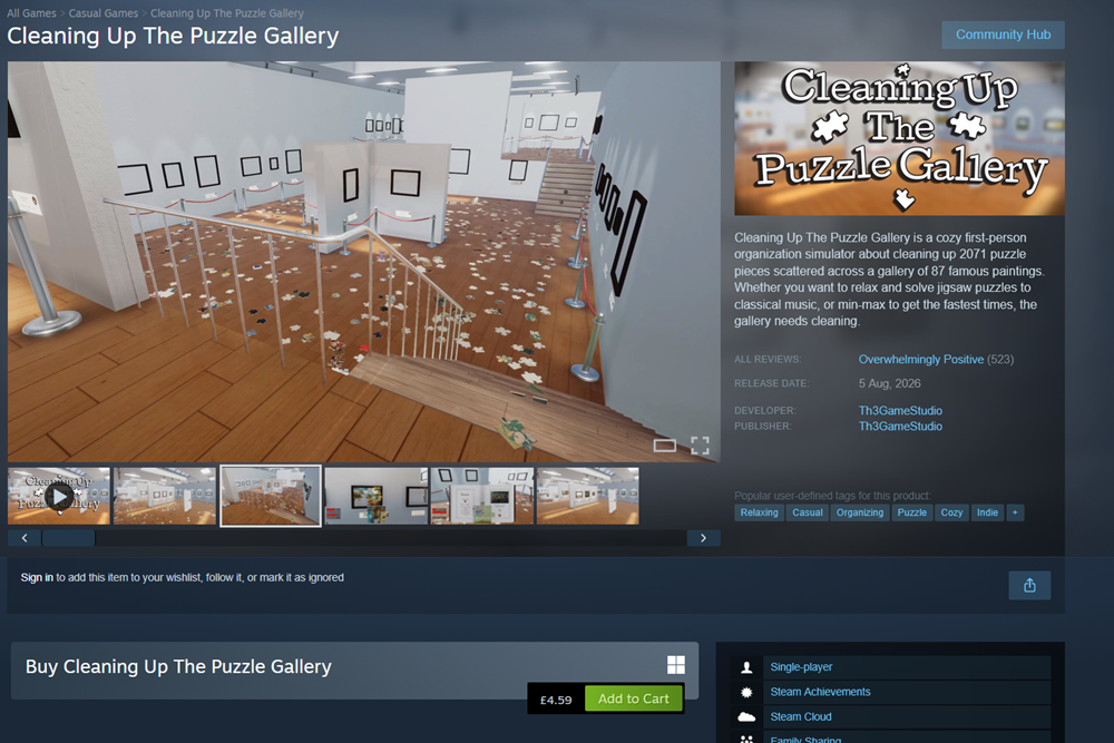 Steam store page for Cleaning Up The Puzzle Gallery, showing game screenshots, description, price, and purchase options with a large gallery photo of a modern art exhibition space with puzzles and scattered debris.