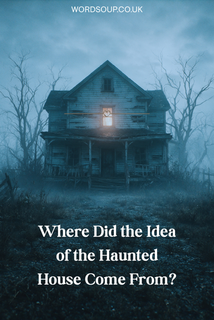 An old, abandoned house with broken windows stands in a foggy, eerie landscape. Bare trees surround it. Text asks, Where did the idea of the haunted house come from?.