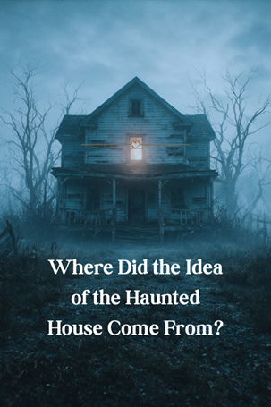 An old, eerie, two-storey house with one lit window stands in a foggy, desolate landscape. Text reads: Where Did the Idea of the Haunted House Come From?.